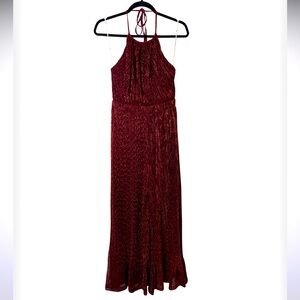 Lulu’s Elegant Shimmering Burgundy Halter Jumpsuit